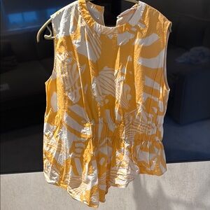 Yellow and White Asymmetrical Pleated Blouse